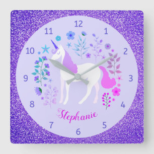 Horloge Carrée Unicorn Purple Parties scintillant Nom personnalis