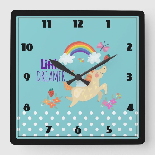 Horloge Carrée Unicorn Rainbow Nuages and Flowers Little Dreamer (Recto)