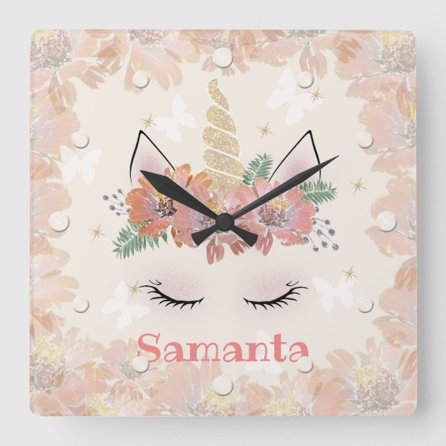 Horloge Carrée Unicorn, Unicorn Face, personalized (Recto)