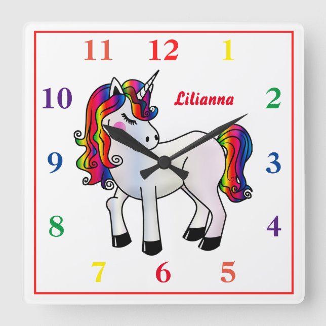 Horloge Carrée Unicorne arc-en-ciel (Recto)