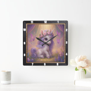 Horloge Carrée Unicorne magique papillon violet