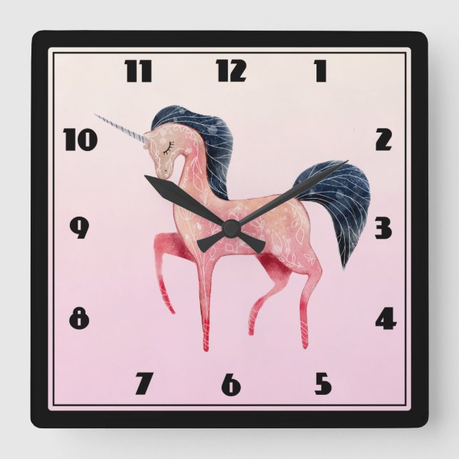Horloge Carrée Unicorne nordique rose avec Mane noir (Recto)