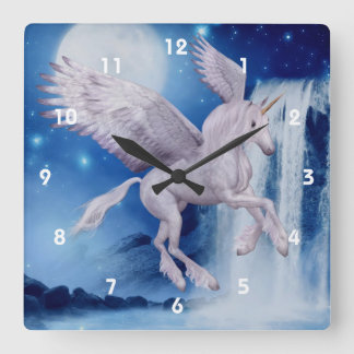 Horloge Carrée Unicorne Volante Et Cascade Imaginaire Art