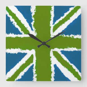 Horloge Carrée Union Jack Art Vert Tons Turquoises Mur Art