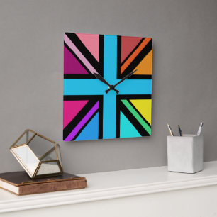 Horloge Carrée Union Jack/Drapeau Multicolore+Noir