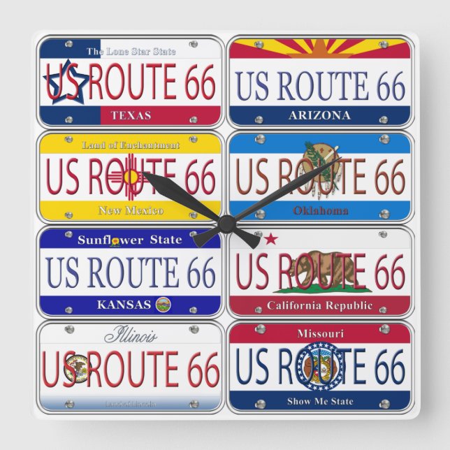 Horloge Carrée US ROUTE 66 Toutes les 8 États Plaques de vanité (Recto)