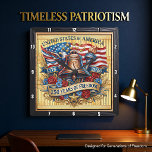 Horloge Carrée USA 250 Years Liberty Bell<br><div class="desc">Celebrate a historic quarter-millennium with the USA 250 Years of Freedom Liberty Bell clock. This high-energy timepiece features a high-definition graphic that meticulously captures American iconicism. The design centers on a bronzed Liberty Bell and the Torch of Liberty, set against a backdrop of a waving American flag and a soaring...</div>