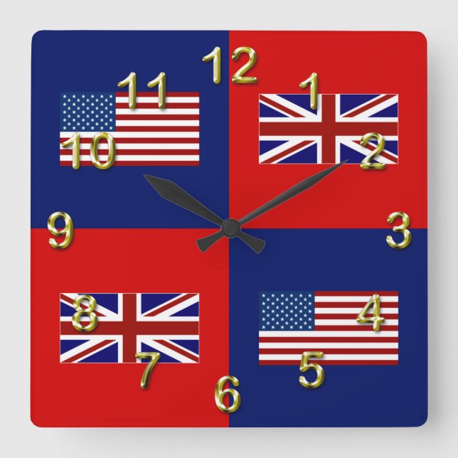 Horloge Carrée USA Flag & UK Flag Pattern (Recto)