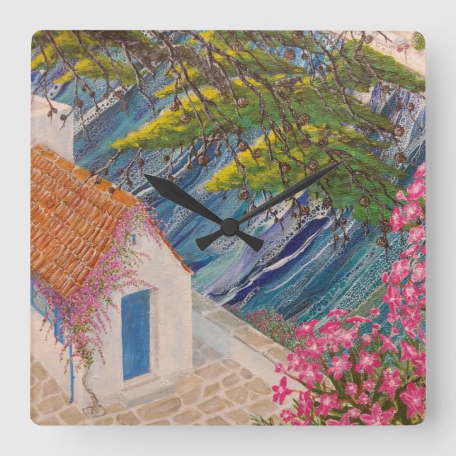 Horloge Carrée Vacances grecques bleu et rose (Recto)
