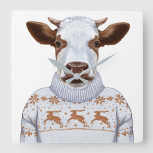 Horloge Carrée Vache à chandail de Noël