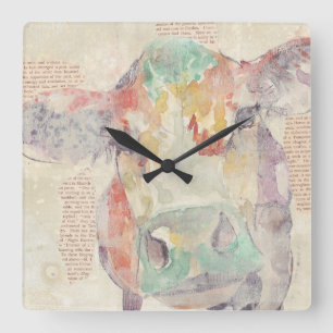 Horloge Carrée Vache de collage de la ferme aquarelle