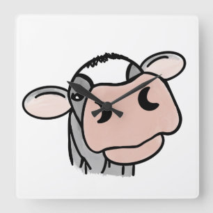 Horloge Carrée vache de dessin animé noir blanc rose baiser gris