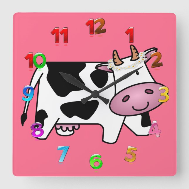 Horloge Carrée Vache debout avec marguerites (Recto)