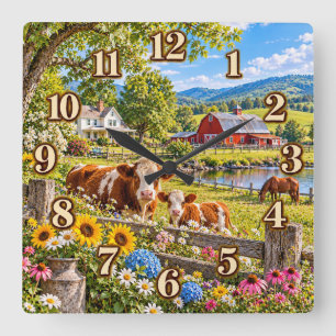 Horloge Carrée Vaches et veau de la ferme de campagne Montre du l