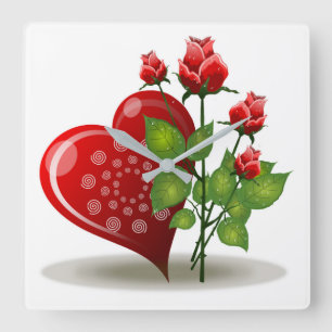 HORLOGE CARRÉE VALENTINE COEUR ROUGE ET ROSES ROUGES