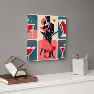 Horloge Carrée Valentine Couple de danse Mid Century Modern