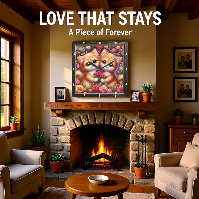 Horloge Carrée Valentine Kitten Couple Rose Wall (Créateur téléchargé)