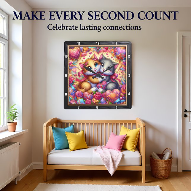 Horloge Carrée Valentine Kitten Hug Heart Wall (Créateur téléchargé)