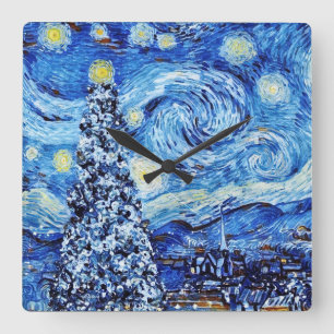 Horloge Carrée Van Gogh - La nuit étoilée - Noël blanc