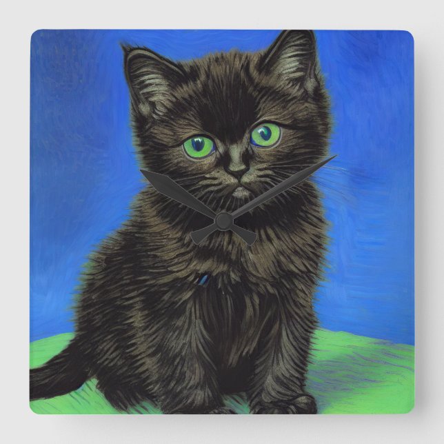 Horloge Carrée Van Gogh Style Kitten noir (Recto)