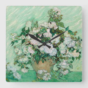 Horloge Carrée Van Gogh Vase avec roses roses Vintages