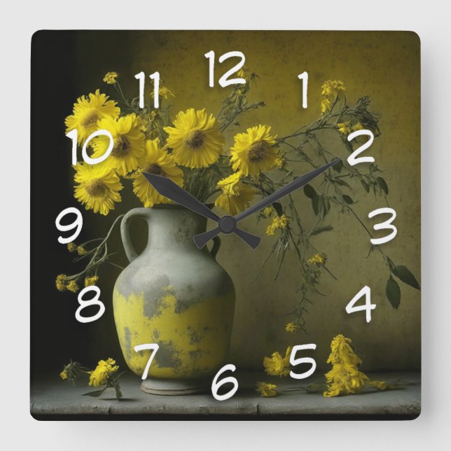 Horloge Carrée Vase antique de fleurs jaunes (Recto)