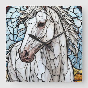 Horloge Carrée Verre coloré Cheval Blanc