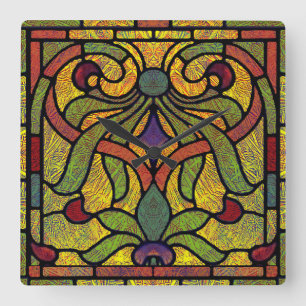Horloge Carrée Verre coloré victorien en vert et or