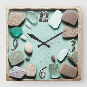 Horloge Carrée Verre de mer Pierres océaniques Bois chèfle