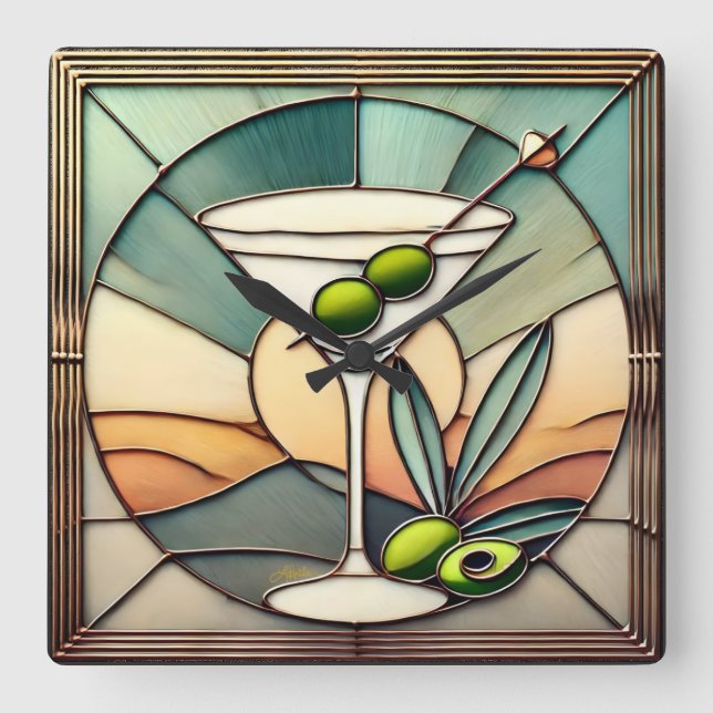 Horloge Carrée Verre teinté du milieu du siècle 2 Martini olive (Recto)