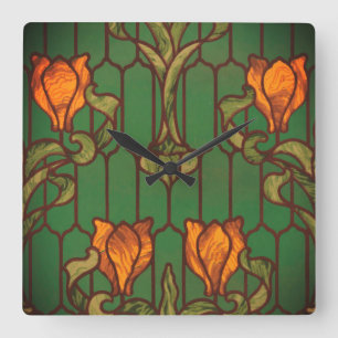 Horloge Carrée Verre tendu look floral Art nouveau fleurs