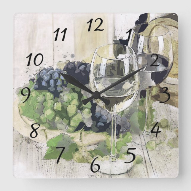 Horloge Carrée Verres à vin élégants, raisins violets et verts (Recto)
