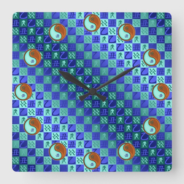 Horloge Carrée Verseau & Bœuf de Bois (Recto)