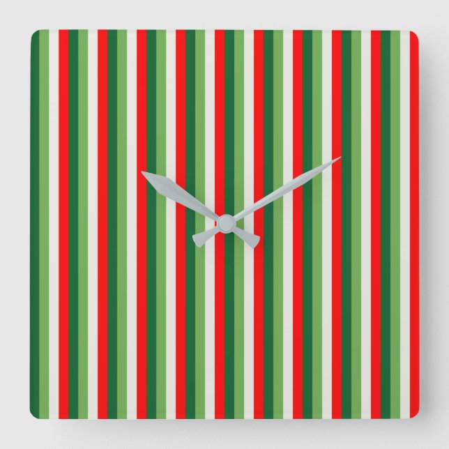 Horloge Carrée Vert, blanc étoile et trèfle rouge rayures fines (Recto)