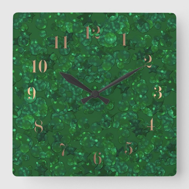 Horloge Carrée Vert, confetti, parties scintillant (Recto)