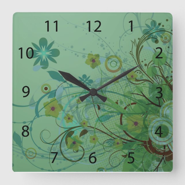 Horloge Carrée Vert de la mer Florale moderne (Recto)