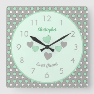 Horloge Carrée Vert menthe et gris avec des pois et un nom