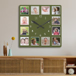 Horloge Carrée Vert mousse 12 Collage photo personnalisé<br><div class="desc">Mettez en valeur vos souvenirs les plus chers avec cet élégant Horloge murale carrée en collage de 12 photos de couleur verte mousse. La tonalité olive profonde et terreuse offre un fond sophistiqué et apaisant qui encadre magnifiquement vos moments de famille préférés. Doté d'un modèle DIY convivial, vous pouvez facilement...</div>