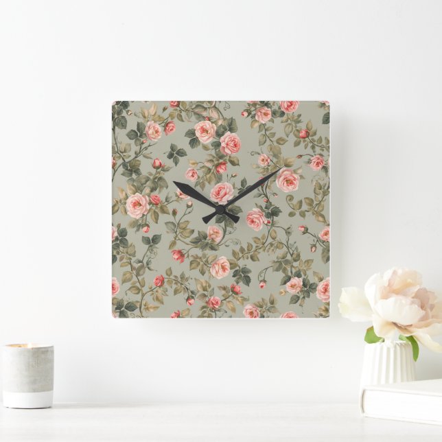 Horloge Carrée Vert sauge rétro maximaliste floral (Maison)