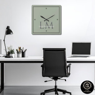 Horloge Carrée Vert Sauge Terreux Organique Moderne Minimaliste