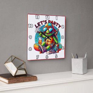 Horloge Carrée Vibes de détente de skateboard à la fête des tortu