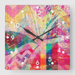 Horloge Carrée Vibrant coloré Funky Abstrait Papillon Fille Ch