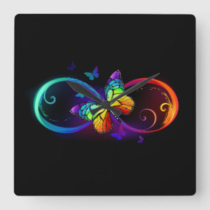Horloge Carrée Vibrant infinity with rainbow butterfly on black