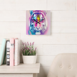 Horloge Carrée Vibrant Tigre Coloré Visage Bold Faune moderne