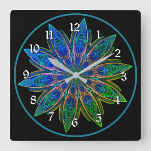 Horloge Carrée Vibrant Turquoise Lotus Petals Mandala Round
