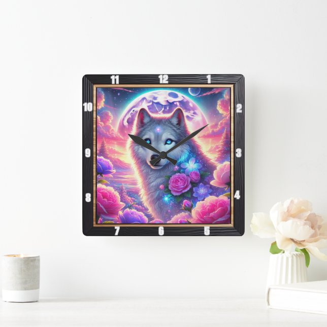 Horloge Carrée Vibrant Wolf Neon Moon et Fleur mystique (Maison)