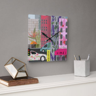 Horloge Carrée Vibrations de la ville printanière Art urbain fl