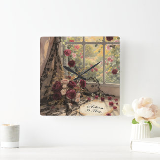 Horloge Carrée Victorien Autumn Window Lace rideaux Rose Art