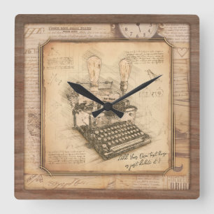 Horloge Carrée Vieille machine à écrire Vintage. Auteur / Écrivai