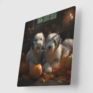 Horloge Carrée Vieux anglais Sheepdog Chiot Chiot Automne Citroui